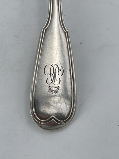 null Silver stew spoon, filet model, engraved on the spatula with the figure "DE"...