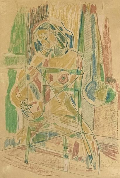Jean CHEVOLLEAU (1924-1996) 
Nude with a clock
Pencil and pastel on bistre paper...