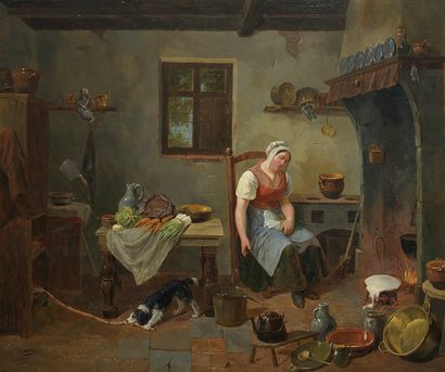 CONSTANTINUS FIDELIO COENE (VILVORDE 1780 - BRUXELLES 1841) 
Femme dans sa cuisine
Panneau
Signé...