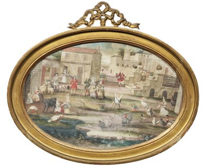 Ecole flamande, de la fin du XVIIème siècle 
两幅扇子作品，一幅是村落节日的场景，装饰着鸭子和鸟儿的雨，另一幅是在宫殿院子里散步的场景。
在类似的框架中，
30...