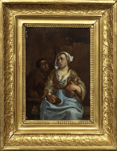 Nicolaes van HAFTEN (Gorinchem 1663 - Paris 1715) 
农民夫妇
橡木板，单板，未镶边，MB
23 x 17 cm...