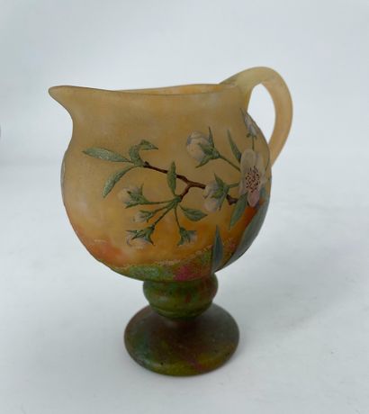 DAUM Nancy 
Small pitcher on pedestal in mixed glass with acid-etched and enamelled...