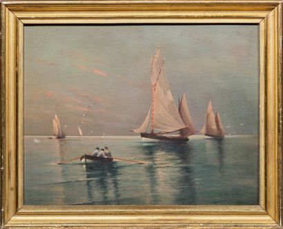 Ecole FRANCAISE, XIXème siècle 
Fishing scene in a flat calm
Oil on board
31 x 40...