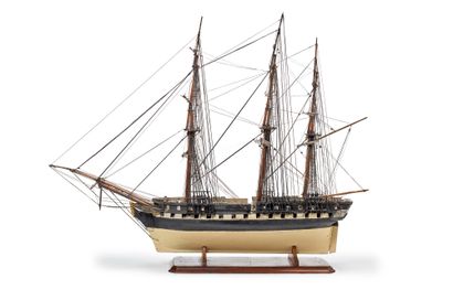 null Model
Three-masted ship
Painted hull, deck with figured battens, complete rigging,...