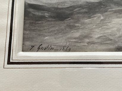 Théodore GUDIN (1802-1880) 
Ship in heavy weather
Ink wash, signed and dated 1869...