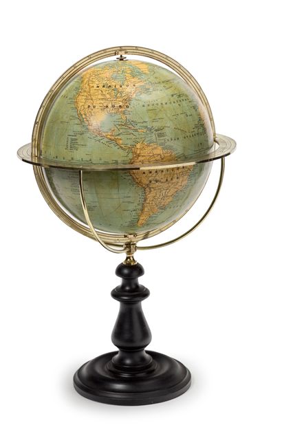 null Earth globe with graduated brass equatorial and meridian circles, blackened...