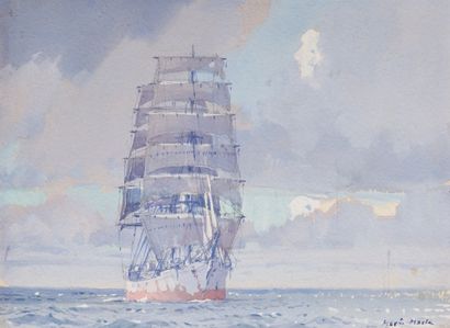 MARIN-MARIE (1901-1987) 
Trois-mâts barque par temps calme
Aquarelle gouachée, signée...