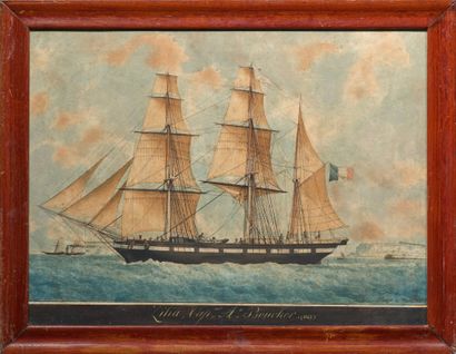 Frédéric ROUX (1805-1874) 
Trois mâts barque «Lilia» quittant le Havre
Aquarelle...