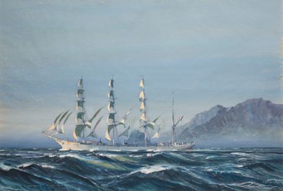 MARIN-MARIE (1901-1987) Four-masted barque by port off Casablanca Watercolour gouache,...