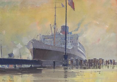MARIN-MARIE (1901-1987) 
"法兰西岛"号班轮抵达纽约码头
水彩水粉画，左下角有签名
40 x 56 cm (观)
ÎLE DE FRANCE...