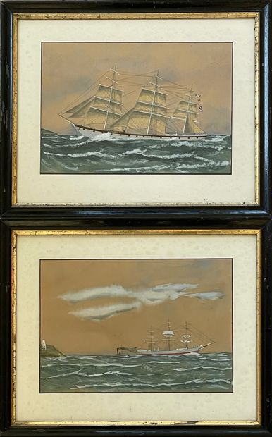 ÉCOLE NAÏVE, début XXe siècle 
正在航行中的三桅船
一对水彩画，水粉画，铅笔画，每幅18.5 x 27.5厘米。