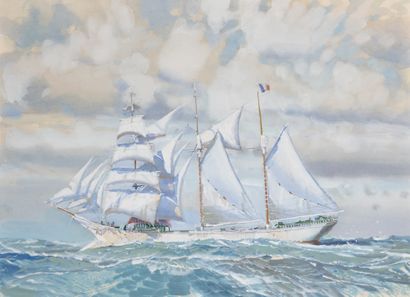 MARIN-MARIE (1901-1987) 
Trois-mâts barque sur mer formée
Aquarelle gouachée, signée...