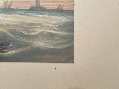 H. VELTMANN (actif fin XIXe-début XXe siècle) 
悬挂美国国旗的三桅帆船
水彩水粉画右下角签名 25.5 x 37.5...
