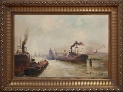 Henri Joseph PAUWELS (1903-1983) 
Cargo à l'entrée du port
Huile sur toile signée...