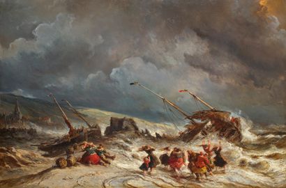 Eugène ISABEY (1804-1886) 
Scène de naufrage, 1856
Huile sur toile signée bas gauche...