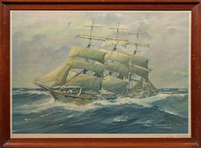 Roger CHAPELET (1903-1995) 
恶劣天气下航行的四桅帆船
彩色石版画，右下角有签名并有副签名
38 x 55 cm