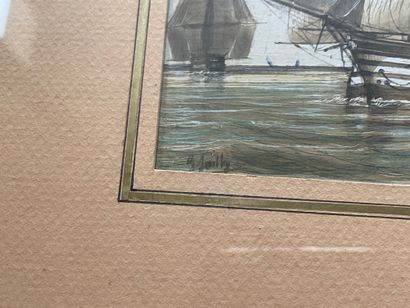 ÉCOLE FRANÇAISE, XXe siècle 
Armada française
Aquarelle sur trait de crayon, signature...