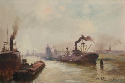 Henri Joseph PAUWELS (1903-1983) 
Cargo à l'entrée du port
Huile sur toile signée...