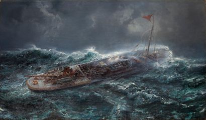 Jean-Baptiste Henri DURAND-BRAGER (1814-1879) 
Bateau dans la tempête
Huile sur toile...