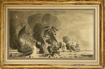 Ecole FRANCAISE, début XXe siècle 
Naval battle scene
Ink wash over pencil line (Insolate)
27...