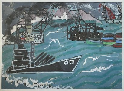 Jacques CHAPIRO (1887/97-1972) 
Croiseur à la sortie du port industriel
Aquarelle...