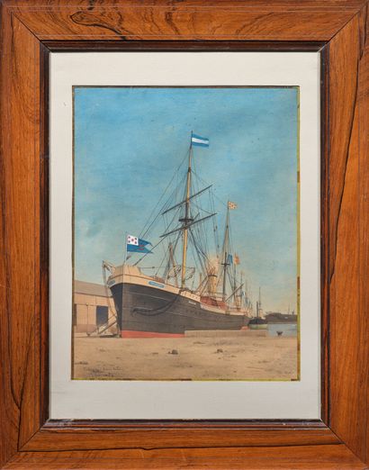ÉCOLE FRANÇAISE, fin XIXème siècle 
Le navire mixte Uruguay à quai
Aquarelle sur...