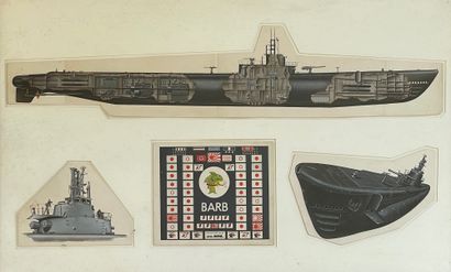 ÉCOLE FRANÇAISE, XXe siècle 
Le sous-marin BARBE Aquarelle et encre, quatre vignettes...