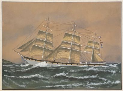 ÉCOLE NAÏVE, début XXe siècle 
正在航行中的三桅船
一对水彩画，水粉画，铅笔画，每幅18.5 x 27.5厘米。