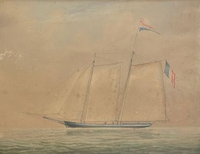 Ecole NAÏVE, fin XIXe siècle 
Goelette par babord
水彩画，铅笔线，针形画框
27 x 34 cm (视图)