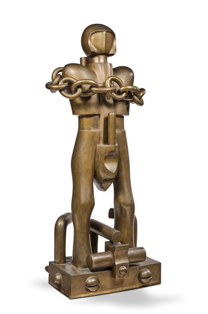 CUCCHIA (XXème) 
Bronze sculpture with a medal patina featuring a robot
Signed "Cucchia"...