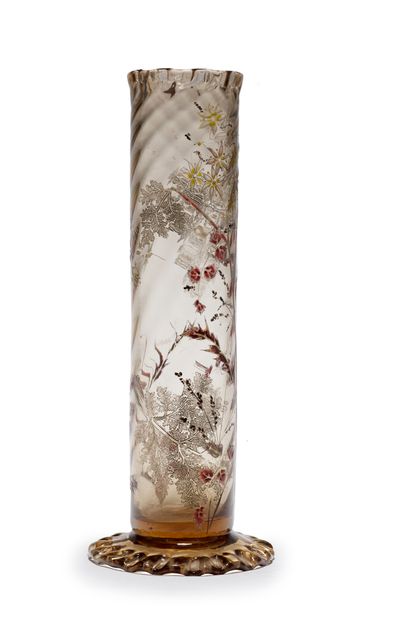 Émile GALLÉ (1846-1904) 
A smoked crystal cylindrical vase on a circular pinched...