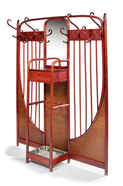 Joseph HOFFMANN (1870-1956) Cloakroom in stained beech and curved wood with a mirror...