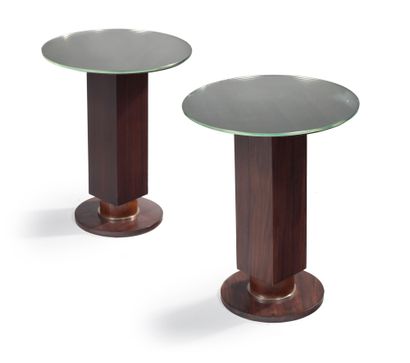JULES LELEU (1881-1963) 
Pair of side tables forming sofa ends in tinted rosewood...