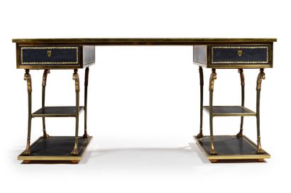 Maison RAMSAY Brass and ormolu desk with a rectangular top covered with black leather...
