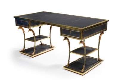 Maison RAMSAY Brass and ormolu desk with a rectangular top covered with black leather...