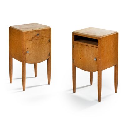 Jules LELEU (1883-1961) 
Pair of marbled birch veneer bedside tables with bronze...