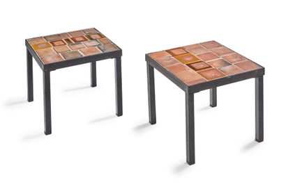 CAPRON VALLAURIS Pair of side tables with terracotta tiles representing a herbarium...