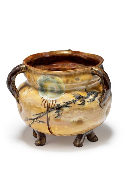 Emile GALLÉ (1846-1904) à Nancy Tripod earthenware vase enamelled in polychrome with...