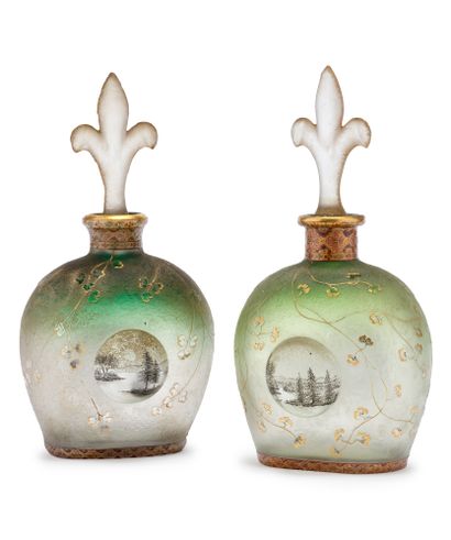 DAUM Nancy Rare pair of lined glass bottles with acid-etched decoration of floral...