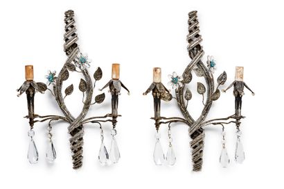 Maison BAGUÈS Pair of sconces with two silver patinated metal arms decorated with...