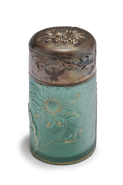 DAUM Nancy A frosted glass bottle tinted green with acid-etched and gilded decoration...