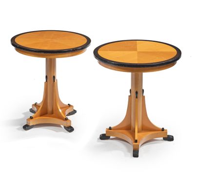 TRAVAIL FRANÇAIS Pair of pedestal tables in sycamore and blackened wood
For the Grand...