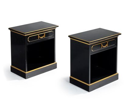 Maurice HIRCH (XXème) 
Pair of black lacquered and gilded wooden bedside tables,...