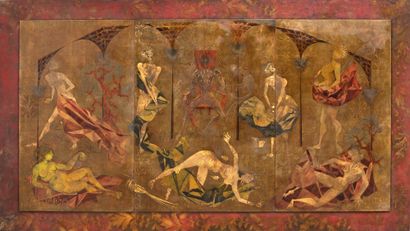 Paul CRESSENT (XXème) 
The seven deadly sins
Lacquered wooden panel with the seven...