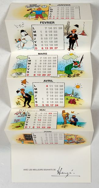 HERGÉ - Carte de Voeux 1983: Carte calendrier dépliante. Signée par Hergé. Proche...