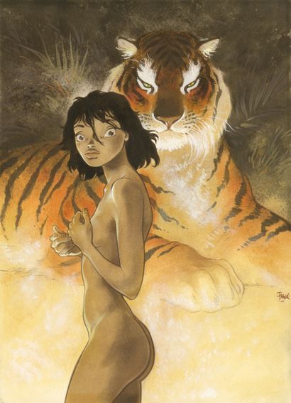 FRANK PÉ (né en 1956) Manon and the tiger
Mixed media on paper.
Signed lower right,...