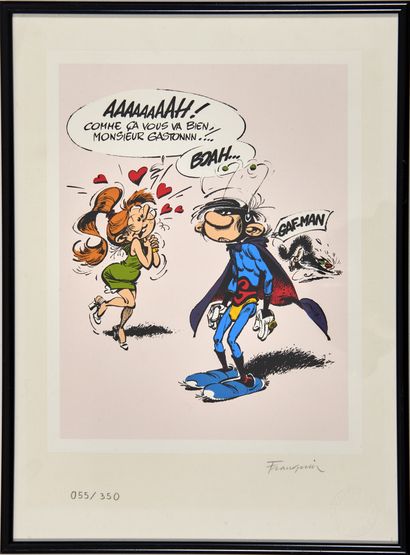 FRANQUIN - Sérigraphie : Tirage couleurs représentant Gaston déguisé en super héros...