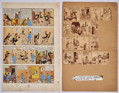 HERGÉ - Original annotations: Page of the Blue Lotus in its B&W version annotated...