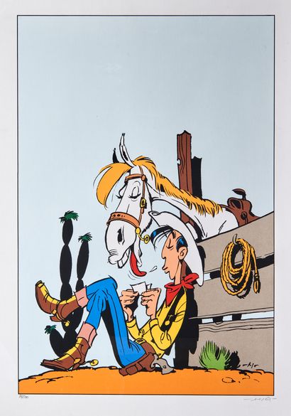MORRIS - Serigraphy : Color print representing Lucky Luke and Jolly Jumper, drawing...