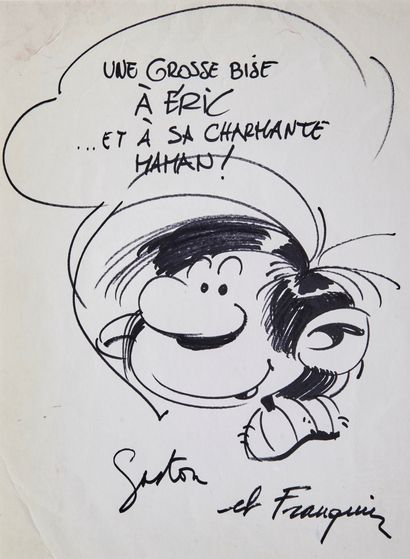 Franquin - dédicace : Superb very large drawing (27x36) made in 1977 representing...